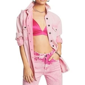 RETROFETE‎ Pink Distressed Denim Shirt Jacket NWT Women's Small 100% Cotton